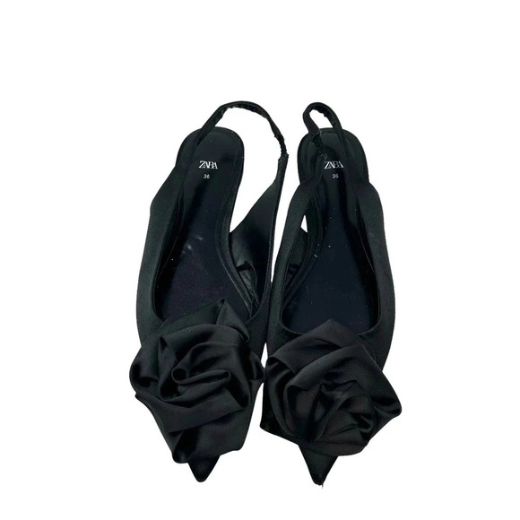 Zara Straple Flat Shoes with Flowers Black Satin Rosette Size 36 US 5 - Picture 2 of 8